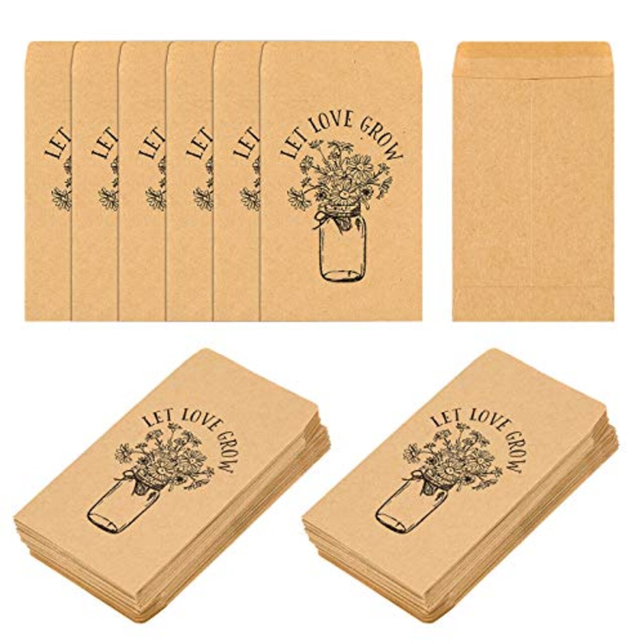 100 Pieces Wedding Favor Seed Packets, Let Love Grow Self Adhesive Seed Packets Mason Jar Flowers Retro Kraft Envelopes Seeds Storage Paper Packets for Rustic Wedding Baby Shower Favors